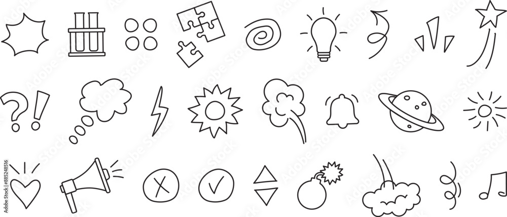 Naklejka premium Comic school element, cute scribble, doodle line icon. Sketch clouds, hand drawn education sticker outline design, cartoon movement symbol, simple expression mark. Child vector illustration