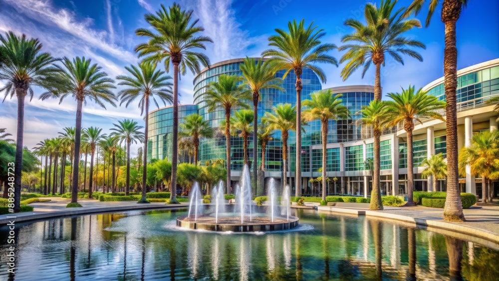 Majestic Anaheim Convention Center building surrounded by lush palm trees and serene fountain on a sunny California day. Majestic Anaheim Convention Center building surrounded by lush palm trees and serene fountain on a sunny California day.