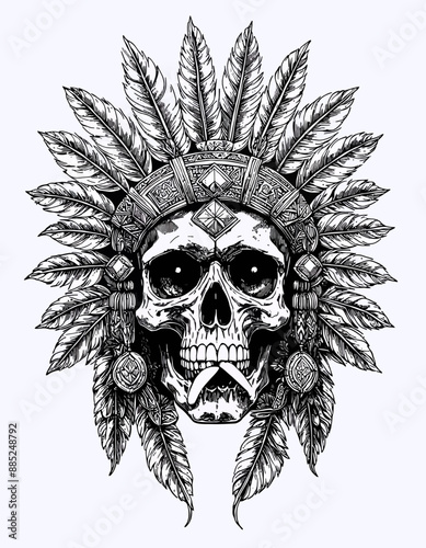Native American Skull with Feather Headdress