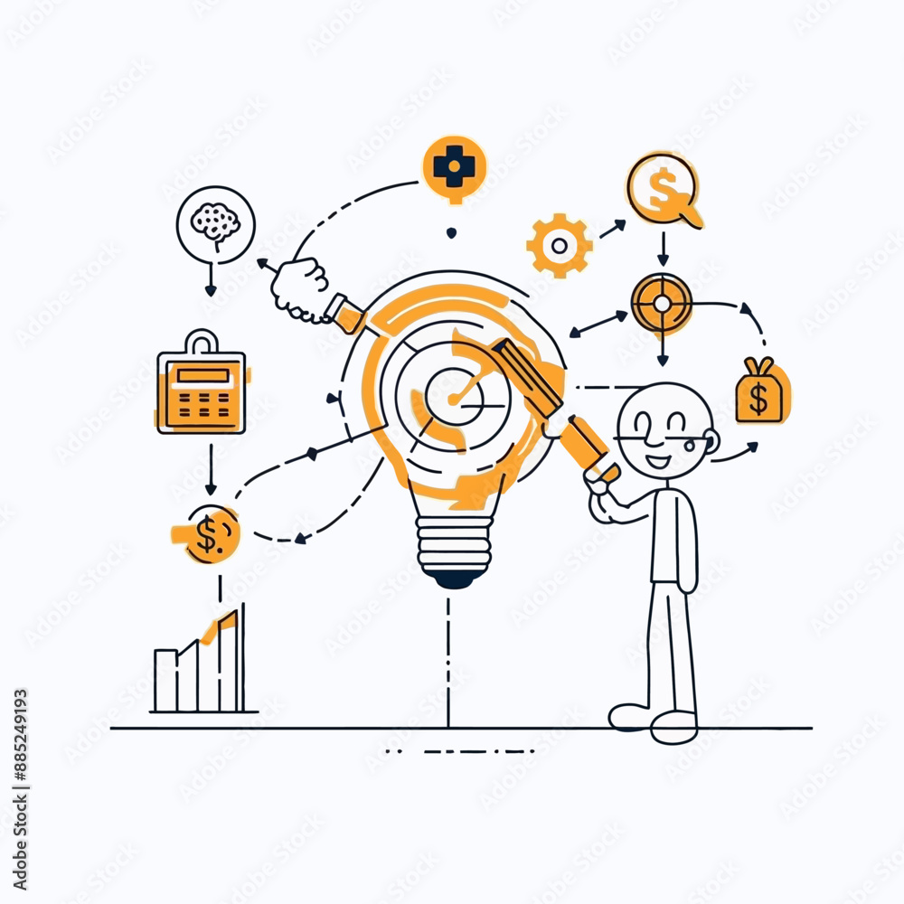 Innovative Idea: A Cartoon Character Illustration of a Man with a Lightbulb, Holding a Pen and a Calculator, with Icons of Money, Gears, and a Brain Innovative Idea: A Cartoon Character Illustration of a Man with a Lightbulb, Holding a Pen and a Calculator, with Icons of Money, Gears, and a Brain