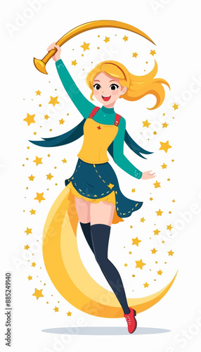 Joyful girl dancing with golden sword, stars, and moon motif