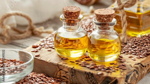 Flaxseed  oil bottles with seeds. Natural health super food