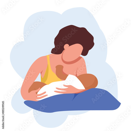 Woman breastfeeding a baby. Nursing mother with child feeding on pillow. Stylized minimalist illustration with flat colors.