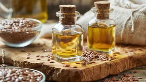 Flaxseed  oil bottles with seeds. Natural health super food