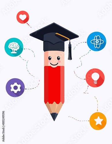 Graduation Celebration: A Pencil with a Diploma Cap, Star, Lightbulb, and Gears photo