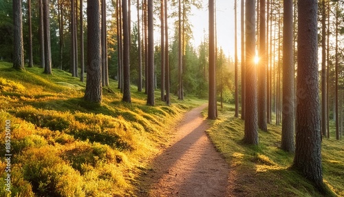 pathway through the hills of majestic evergreen forest mighty pine spruce trees moss plants finland soft golden sunset light idyllic autumn scene nature seasons environment ecotourism