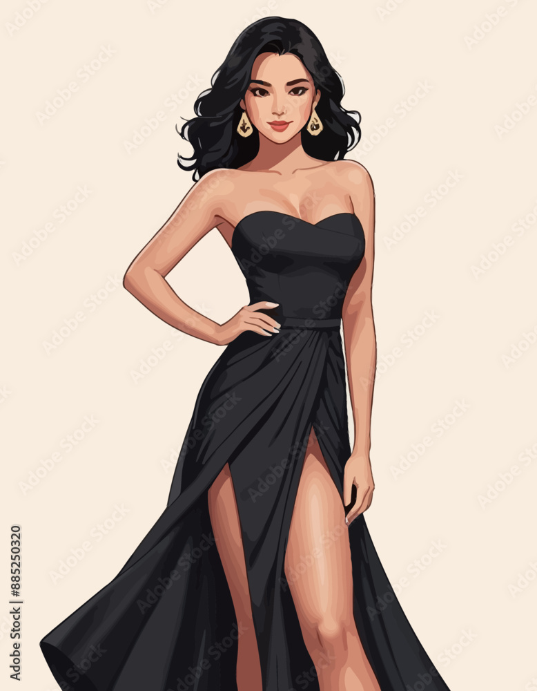 Fashionable Female Figure in Black Dress with Sleeve Detail and High Slit, Standing with One Hand on Hip Fashionable Female Figure in Black Dress with Sleeve Detail and High Slit, Standing with One Hand on Hip