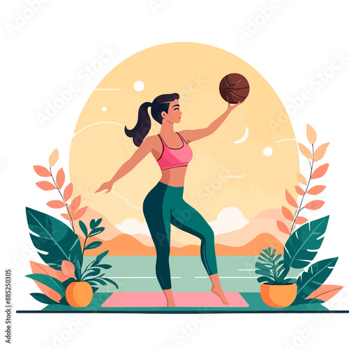 Fitness and Wellness: Woman in Yoga Pose with Basketball, Orange Fruits, and Plant