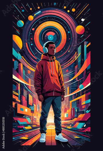 Electronic Musician in Futuristic Cityscape