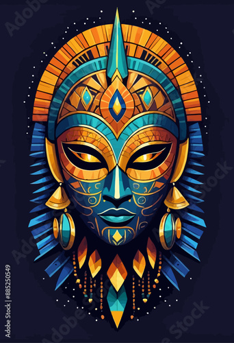 Egyptian-inspired masked face with vibrant jewelry and hieroglyphic patterns