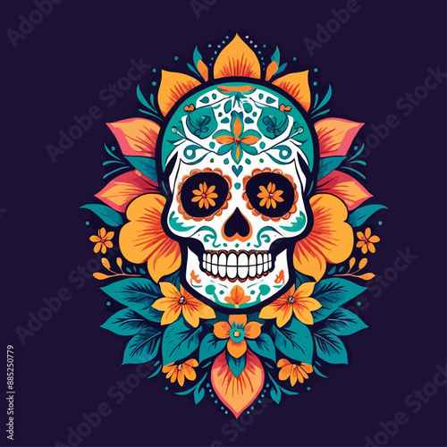 Dia de los Muertos Skull with Flower Bouquet