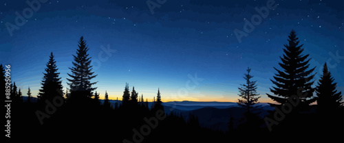 Dark Silhouette of Pine Trees Against a Sunset Sky