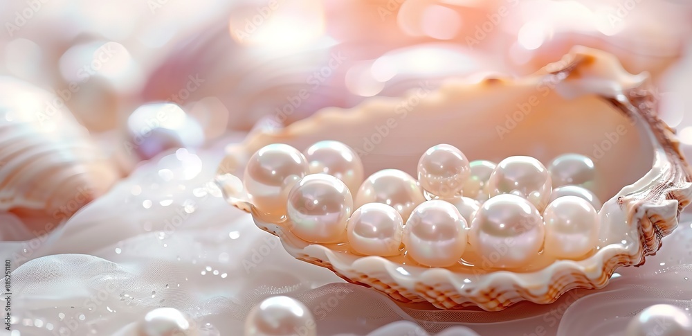 Several pearls on and around the shells on ice cubes with a blur effect background Several pearls on and around the shells on ice cubes with a blur effect background
