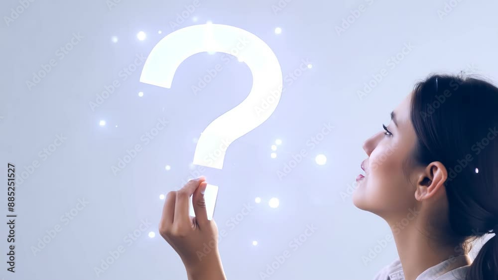 Woman with a question mark above her head, process of thinking and reflecting on gender issues and self-identification Woman with a question mark above her head, process of thinking and reflecting on gender issues and self-identification