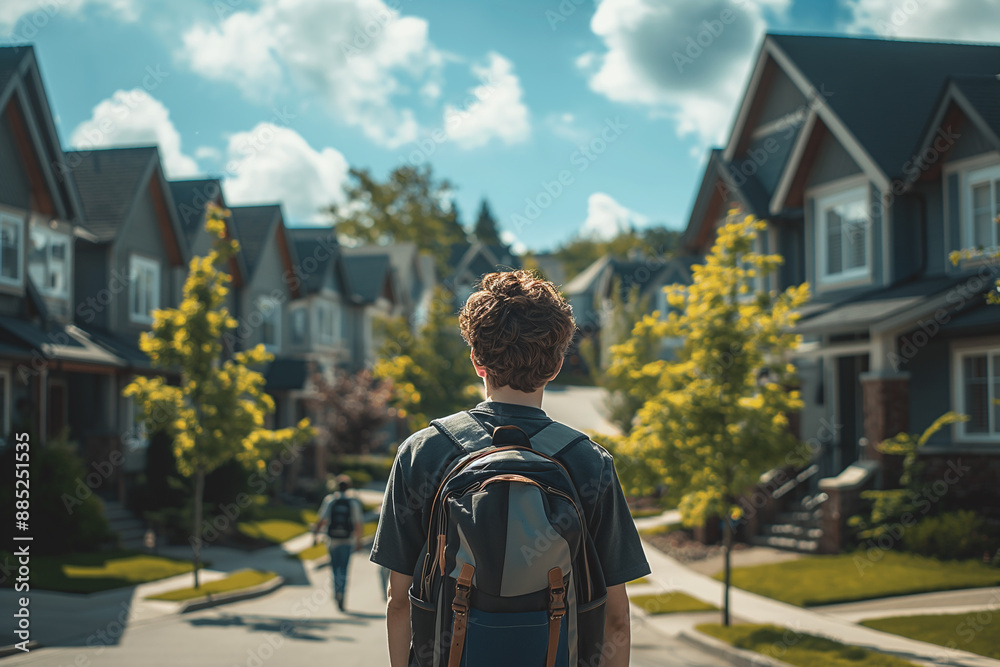 A young man wearing a backpack is walking down a street in front of houses A young man wearing a backpack is walking down a street in front of houses