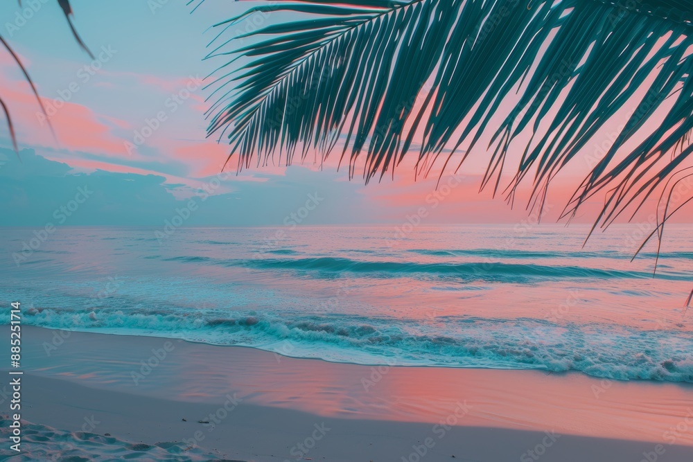 Serene tropical beach sunset with palm leaves silhouette Serene tropical beach sunset with palm leaves silhouette
