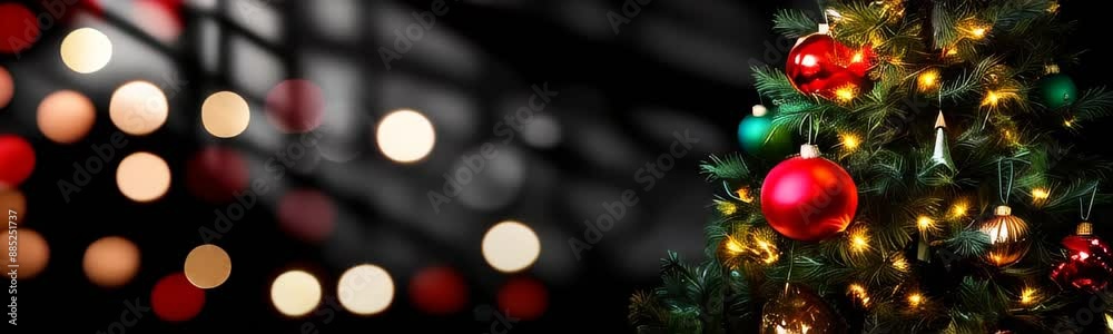 Christmas tree decorated with Christmas ornaments and Christmas lights garlands against bokeh background. Christmas slow motion copy space template web banner Christmas tree decorated with Christmas ornaments and Christmas lights garlands against bokeh background. Christmas slow motion copy space template web banner
