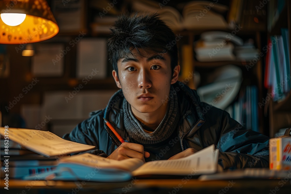 A young man studies, writing with a red pen, surrounded by open books on his desk. Generative AI A young man studies, writing with a red pen, surrounded by open books on his desk. Generative AI