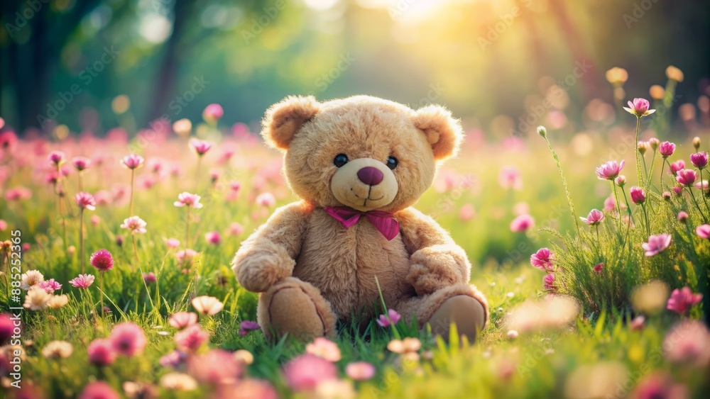 Adorable cuddly teddy bear sitting alone on a soft green grassy field surrounded by delicate pink flowers in full bloom.