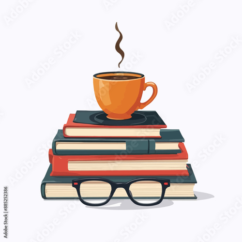 Coffee Break: Stack of Books with Coffee Cup and Glasses