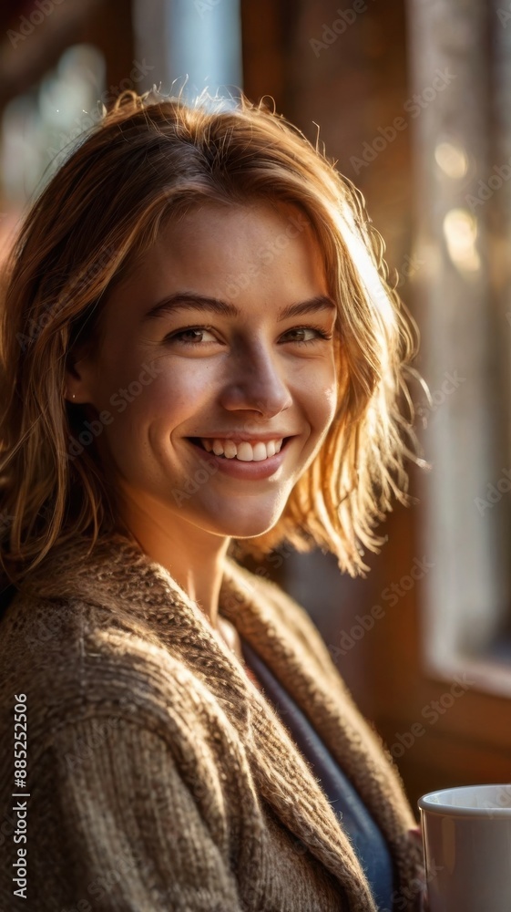 Smiling Woman Holding Coffee Cup Indoors Smiling Woman Holding Coffee Cup Indoors