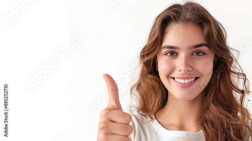 Advertising banner image with a woman showing thumb up in white background and blank side pace for texts 