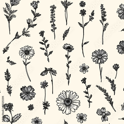 Black and White Floral Pattern: A Collection of 20 Different Flower Illustrations for Wallpaper, Fabric, or Stationery photo