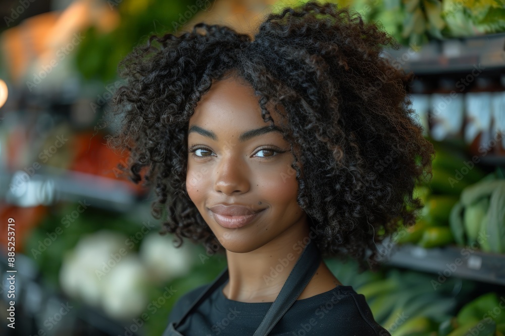 Young woman smiles in produce aisle Young woman smiles in produce aisle