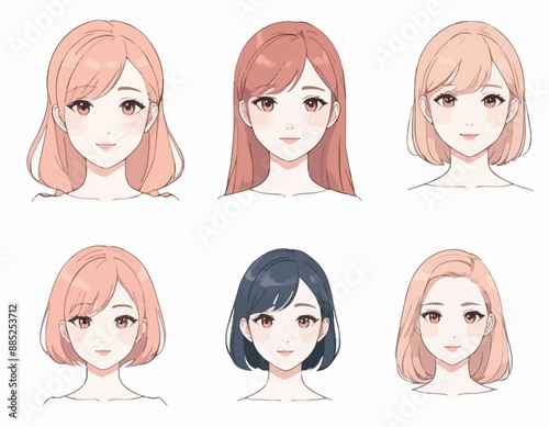 Anime-style Character Portraits: Five Different Hairstyles and Faces
