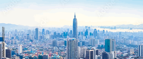 Aeronautical View of a Bustling Cityscape with Tall Skyscrapers and a Notable Tower