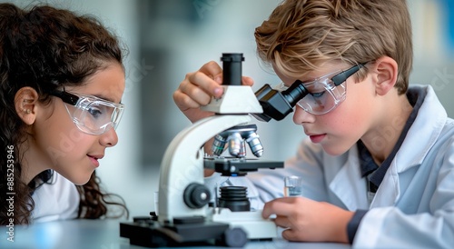 Middle school students in a science lab, conducting experiments with microscopes and lab equipment. 