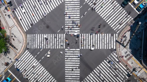 Time lapse video from above Ginza Crossing in Tokyo, Japan. Witness the bustling intersection as people and cars move through this iconic Tokyo crosswalk. Perfect for capturing Tokyo's vibrant urban