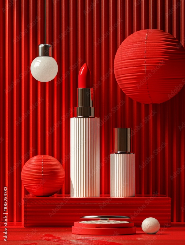 Elegant Red-Themed Cosmetic Product Presentation with Lipstick, Mascara, and Skincare Items in Artistic Settings Elegant Red-Themed Cosmetic Product Presentation with Lipstick, Mascara, and Skincare Items in Artistic Settings