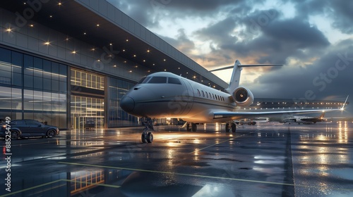 A modern private jet is parked on a wet airport tarmac near a hangar during dusk, with a luxury car nearby and other aircraft in the background.