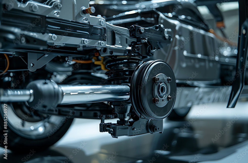 Electric car chassis with engine and suspension system, showcasing the engine, battery, suspension, and braking system Electric car chassis with engine and suspension system, showcasing the engine, battery, suspension, and braking system
