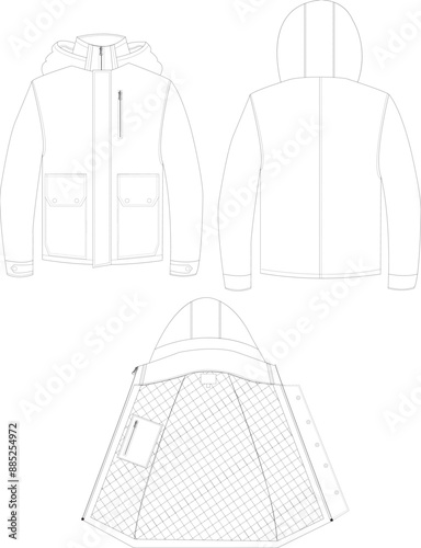 This technical drawing presents a detailed illustration of a men's outdoor jacket with a robust and stylish design. Precise lines depict construction features and standout design elements.