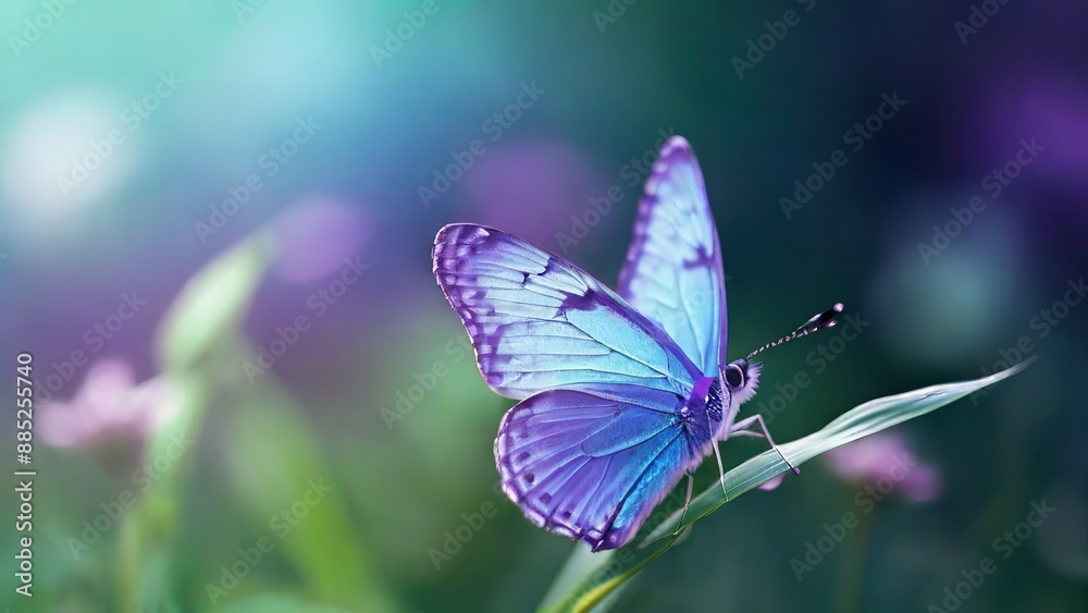 Fototapeta premium Beautiful Blue Butterfly Resting on a Blade of Grass. Made with Generative AI Technology