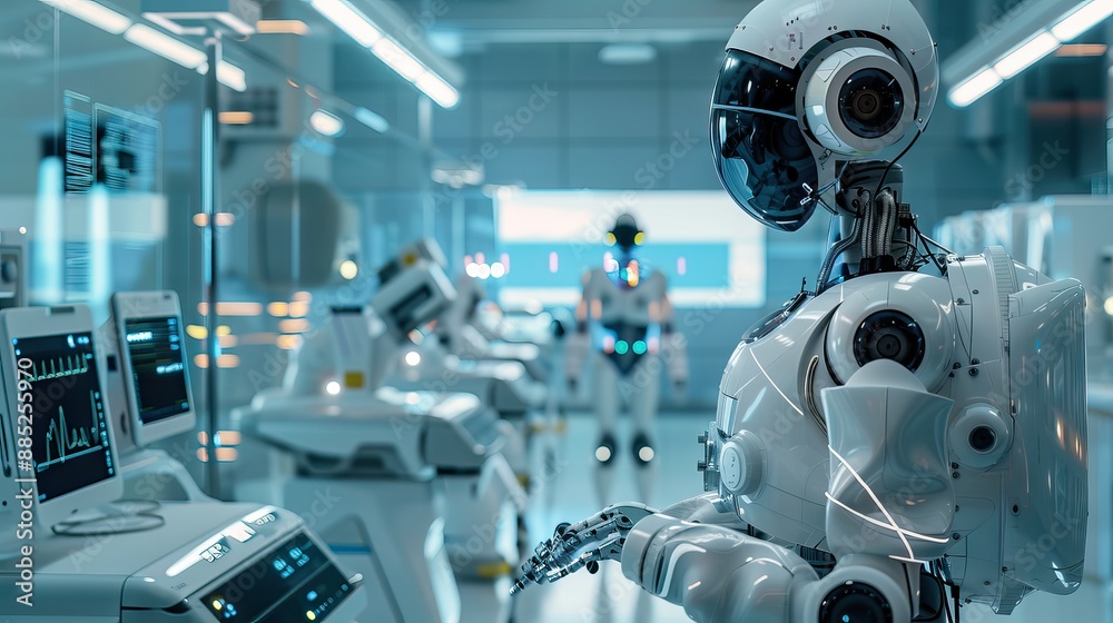 3d rendering robot working with tablet in factory. AI generated illustration 3d rendering robot working with tablet in factory. AI generated illustration