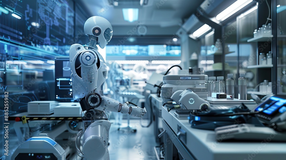 3d rendering robot working with tablet in factory. AI generated illustration 3d rendering robot working with tablet in factory. AI generated illustration