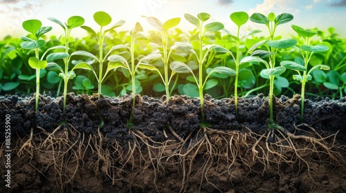 Sunlight on a row of green seedlings growing in healthy soil