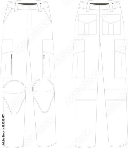 This technical drawing presents a detailed illustration of men's motorcycle cargo pants with a robust and stylish design. Precise lines depict construction features and standout design elements.