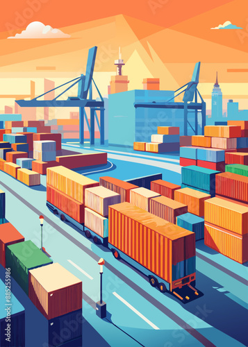 Transport container for cargo transportation background, shipping container yard, industrial port storage freight global.