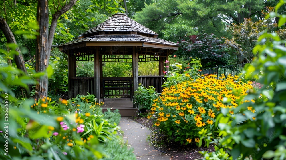 Garden with gazebo with cozy wooden structure Garden with gazebo with cozy wooden structure