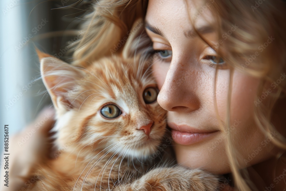 Close up portrait of a young woman and her cat Close up portrait of a young woman and her cat