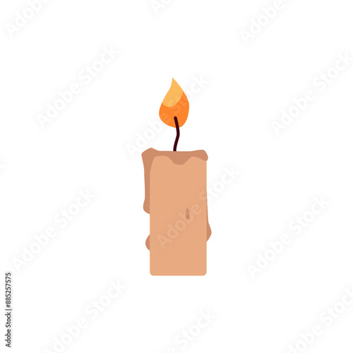 Burning candle with dripping or flowing wax vector flat illustration, glowing paraffin candle with fire flame accessory