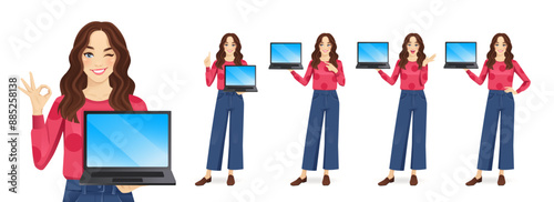 Young beautiful woman with curly hair showing blank screen laptop computer standing different posing isolated vector illustration