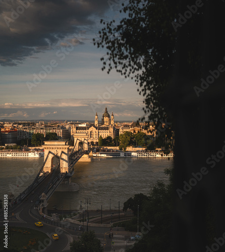 Famous Chain Bridge in Budapest, Hungary in summer