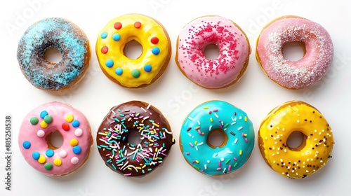 Donuts of different colors changing at white background. Stop motion. Six glazed sweet donuts. Bakery and food concept. Top view. Various colorful donuts. Chocolate, pink, blue donuts