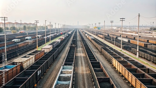 China's railway coal marshalling stations filled with rows of stationary coal trains, coal, train, railway, station © Sujid