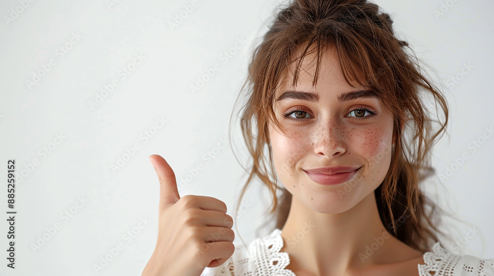 Advertising banner image with a woman showing thumb up in white background and blank side pace for texts Advertising banner image with a woman showing thumb up in white background and blank side pace for texts